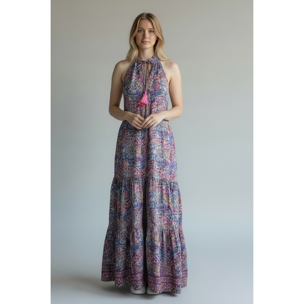 boemo Paisley Halter Maxi Dress sz sz M Blue Pink Tassel Tiered boho festival